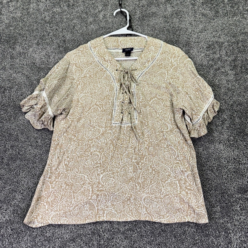 Daytrip Blouse Womens Small Beige Paisley Lace Up Ruffle Sleeve Boho Tunic